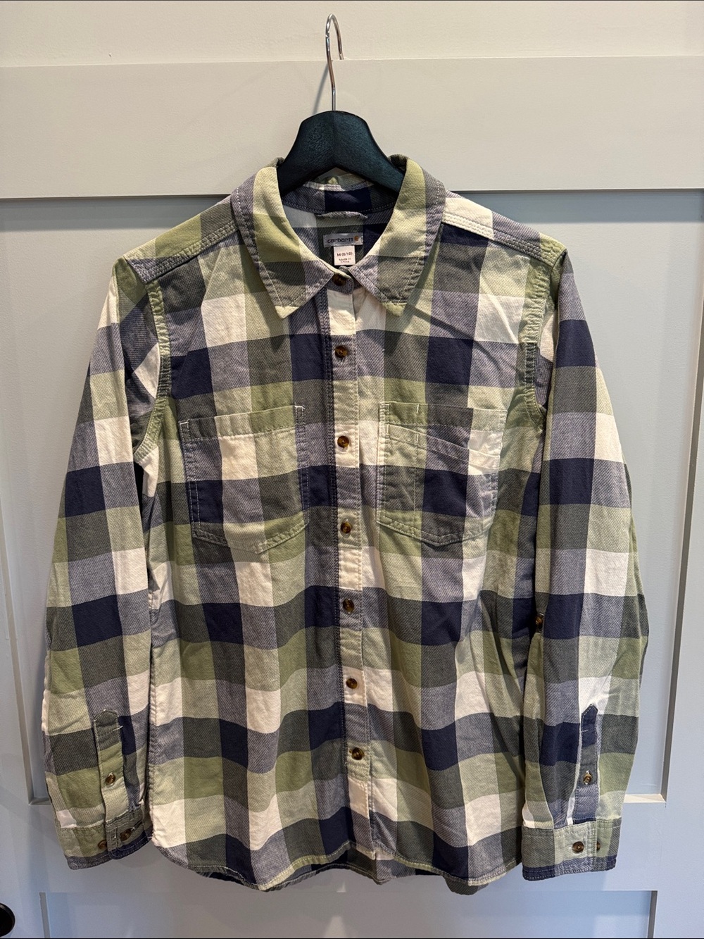 Carhartt Women's Plaid Button-Down Shirt in Green, Navy and White